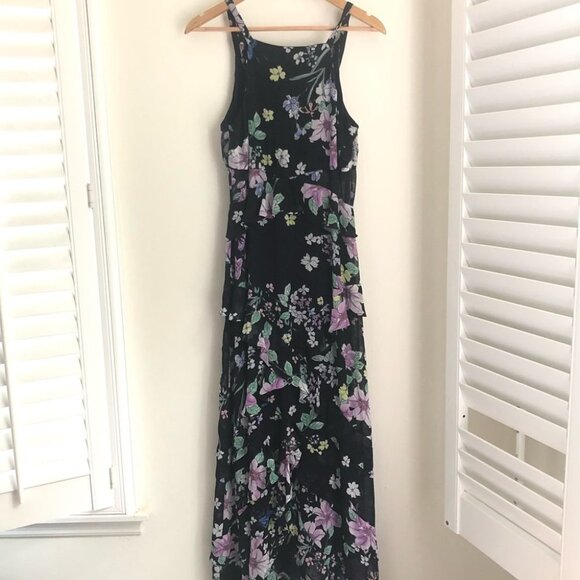 Great Jones size 10 Floral Halter Ruffle Hem Maxi Dress Black Purple - Picture 4 of 11